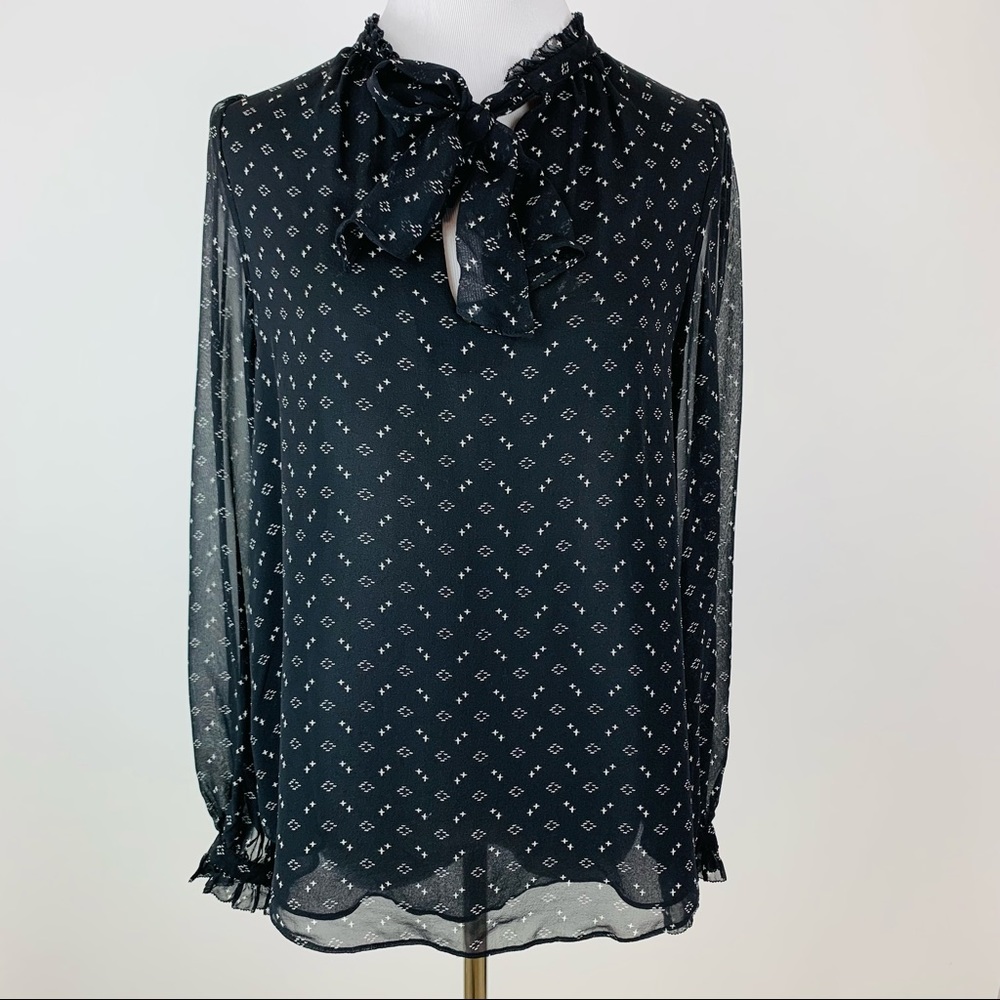 Joie Black Bow Neck Printed Silk Top Small